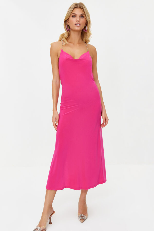 Trendyol Fuchsia Stone Accessory Detailed Knitted Elegant Evening Dress