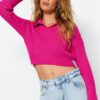 Trendyol Fuchsia Super Crop Polo Neck Knitwear Sweater