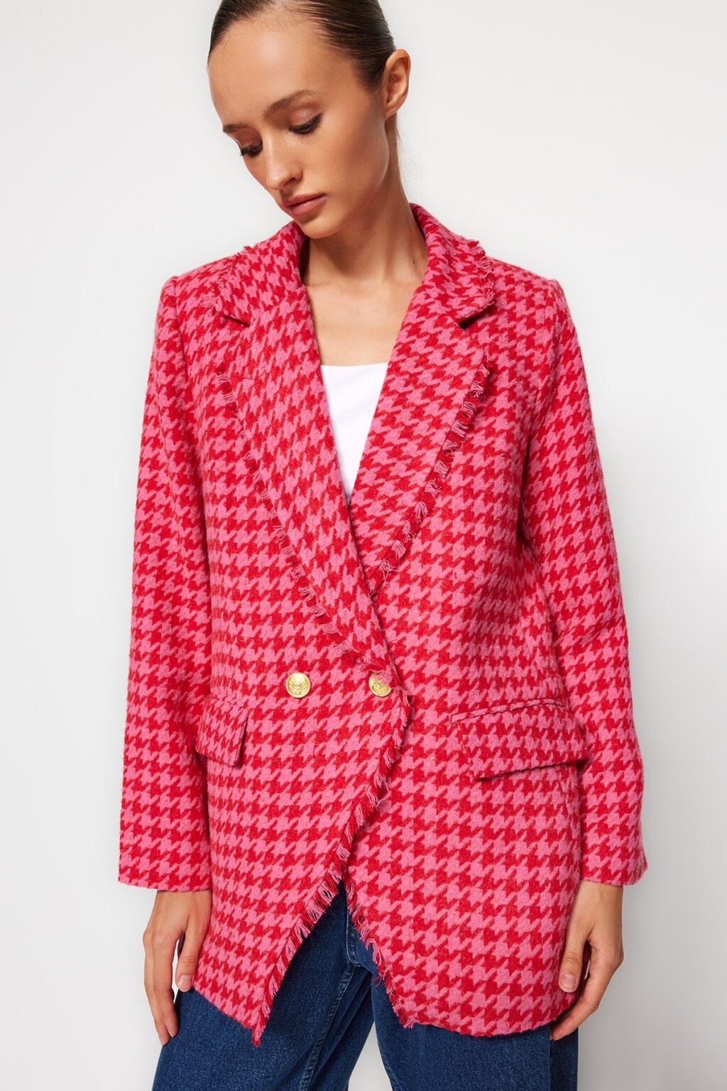 Trendyol Fuchsia Tweed Regular Lined Double Breasted Closure Woven Houndstooth Blazer Jacket