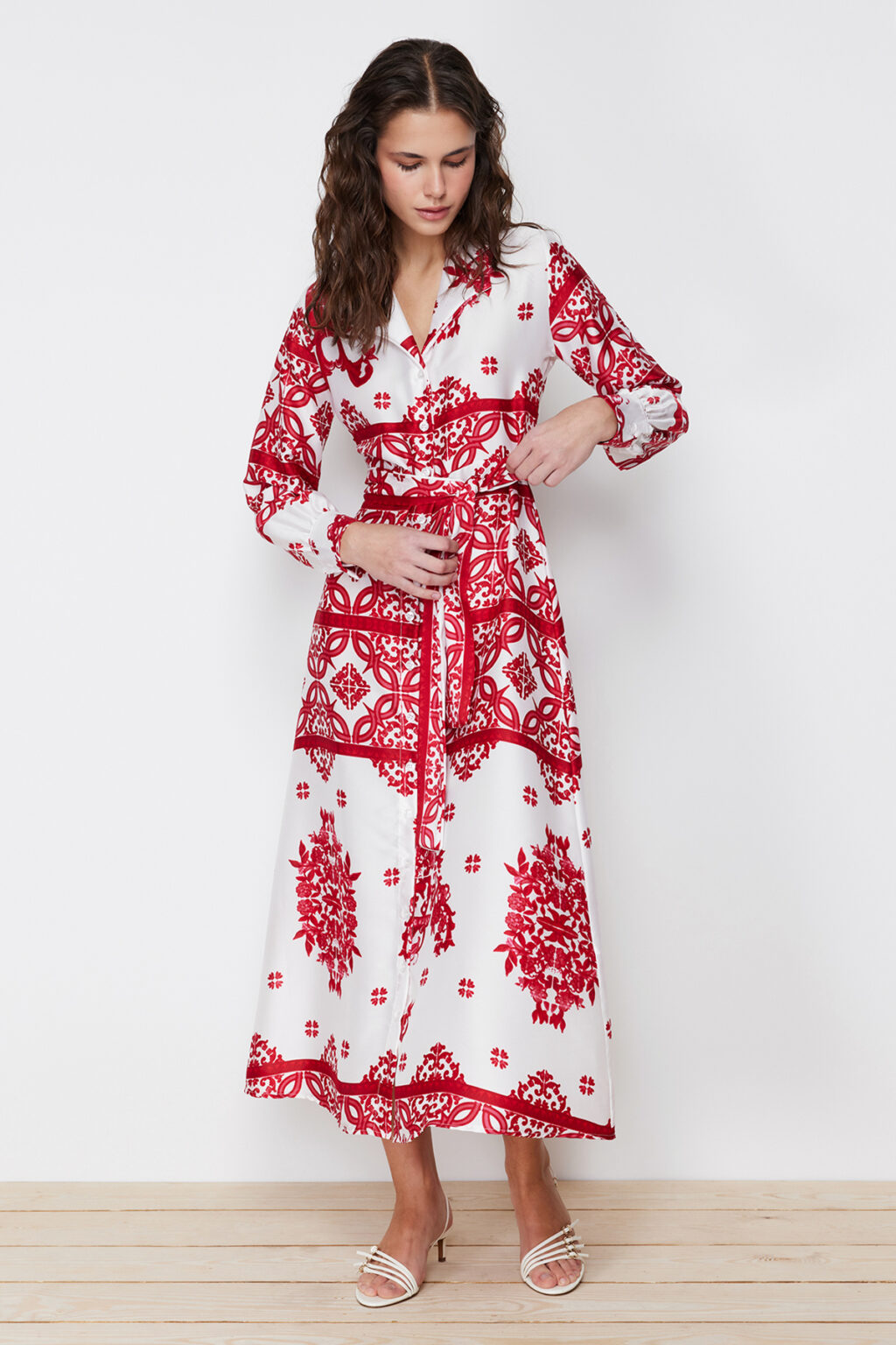 Trendyol Fuchsia Woven Satin Patterned Shirt Evening Dress