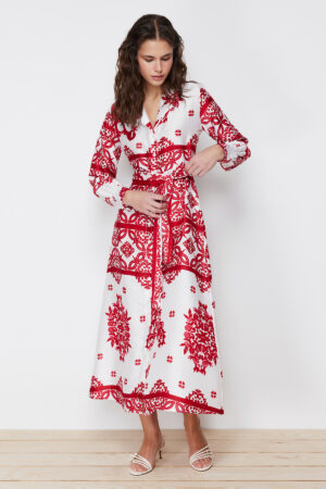 Trendyol Fuchsia Woven Satin Patterned Shirt Evening Dress