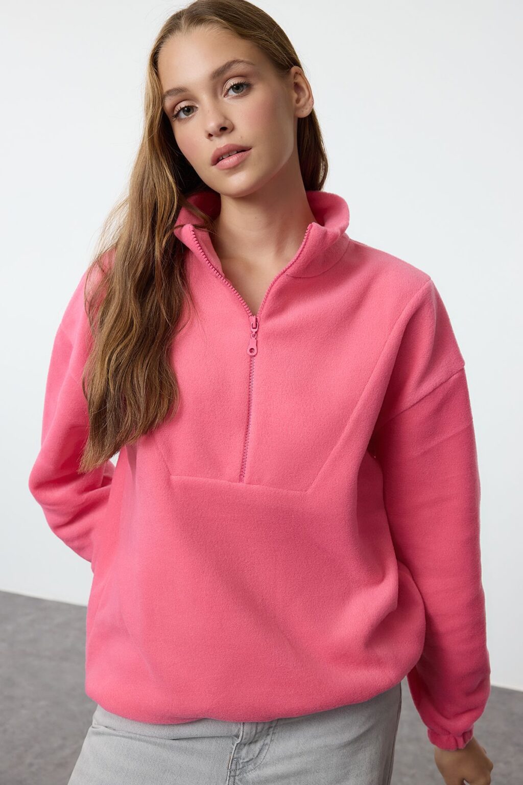 Trendyol Fuchsia Zipper Stand Collar Polar Regular/Normal Cut Knitted Sweatshirt