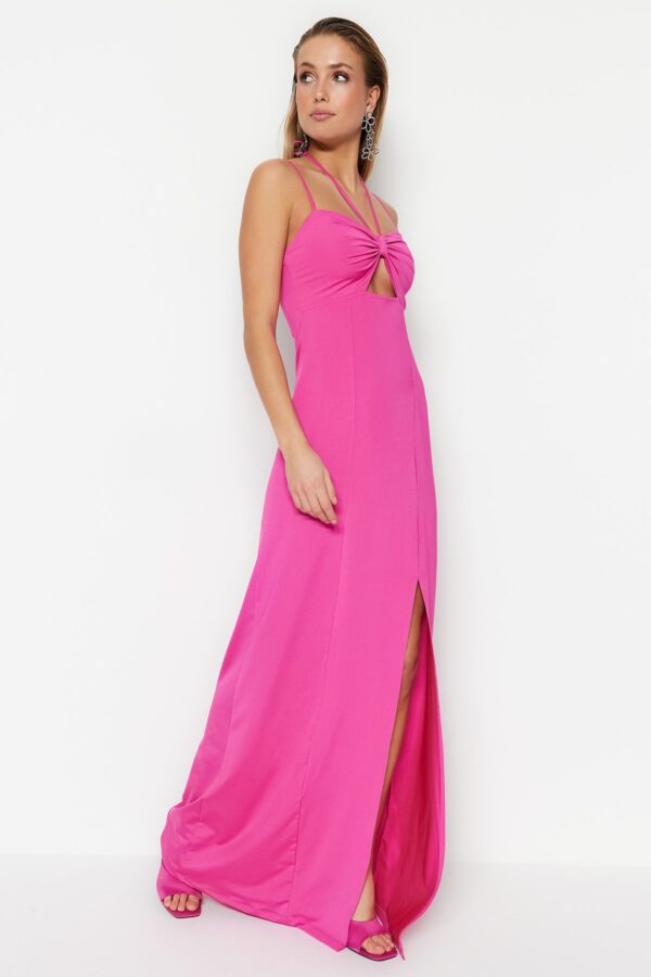 Trendyol Fuchsia bélelt kötött estélyi ruha ablakkal / kivágott részletekkel