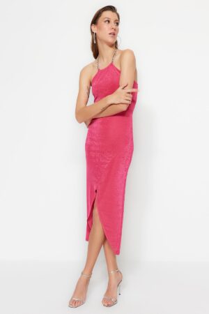 Trendyol Fuchsia dupla mellű kötött elegáns estélyi ruha