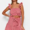 Trendyol Gingham Patterned Woven Ruffle Blouse and Skirt Set