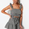 Trendyol Gingham Patterned Woven Ruffle Blouse and Skirt Set
