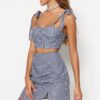 Trendyol Gingham Woven Slit Blouse and Skirt Set