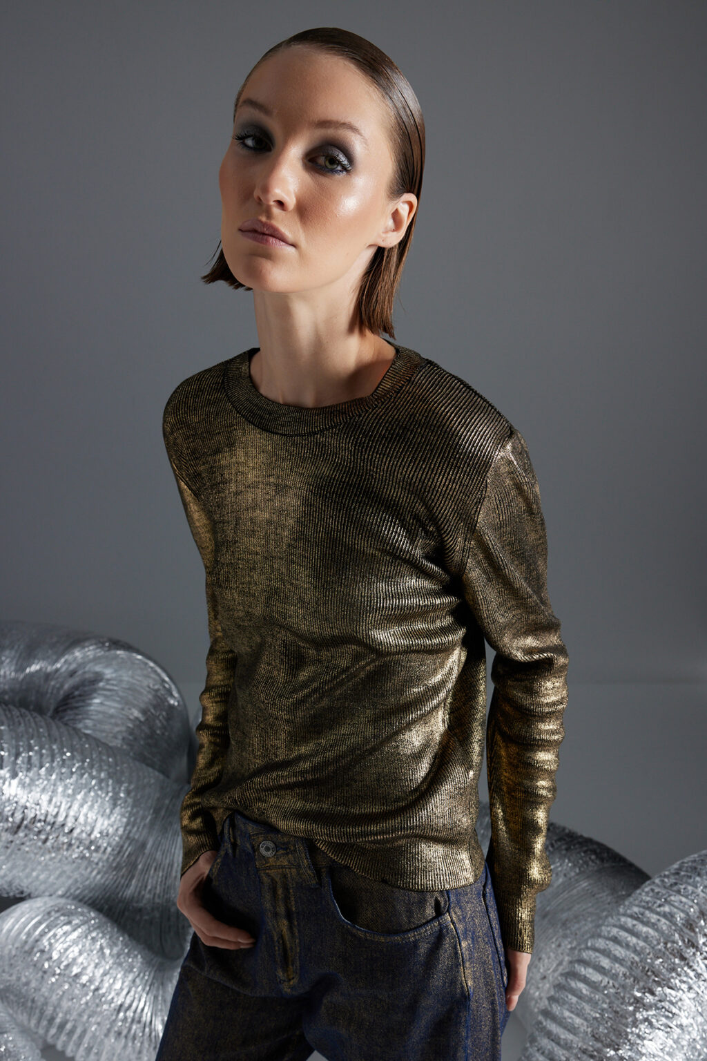 Trendyol Gold Basic Foil Printed Knitwear Sweater