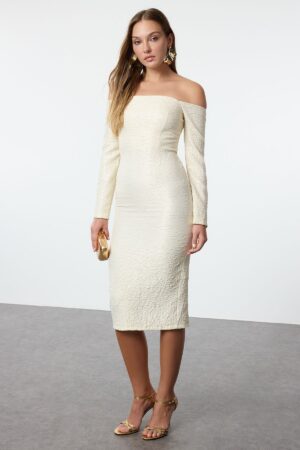 Trendyol Gold Carmen Collar Woven Chic Midi Evening Dress