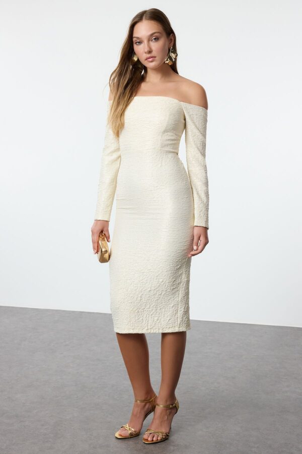 Trendyol Gold Carmen Collar Woven Chic Midi Evening Dress