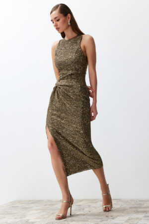 Trendyol Gold Fitted Knitted Shiny Sequin Knitted Sequin Elegant Evening Dress