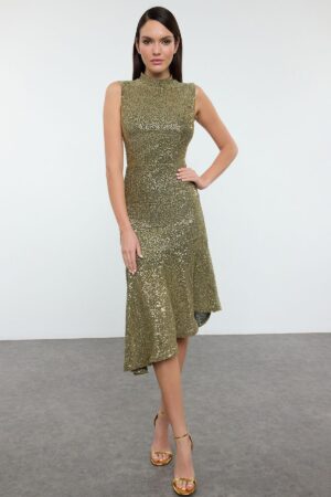 Trendyol Gold Knitted Sequin Midi Dress