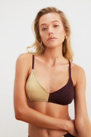 Trendyol Gold Mürdüm színes blokk bikini felső