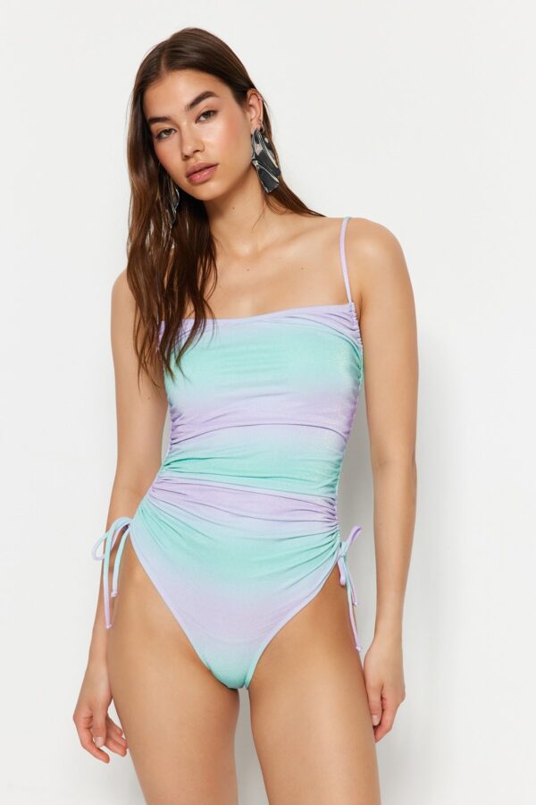 Trendyol Gradient Patterned Strapless Draped Glitter High Leg Regular Swimsuit
