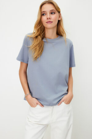 Trendyol Gray 100% Cotton Basic Crew Neck Knitted T-Shirt