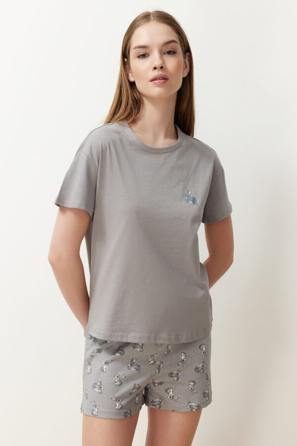 Trendyol Gray 100% Cotton Rabbit Patterned Shorts Knitted Pajama Set