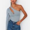 Trendyol Gray Asymmetrical Collar With Cutout Detail Single Sleeve Flexible Knitted Snap Button Body