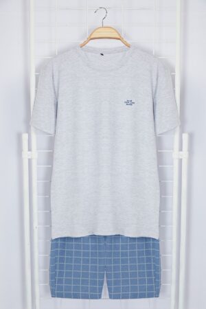 Trendyol Gray Blue Regular Fit Crew Neck Pajama Set with Embroidered Knitted Shorts