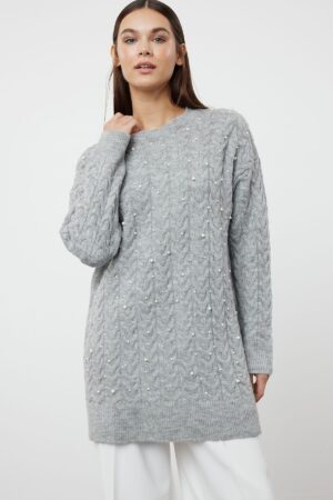 Trendyol Gray Braided Pearl Detailed Knitwear Sweater