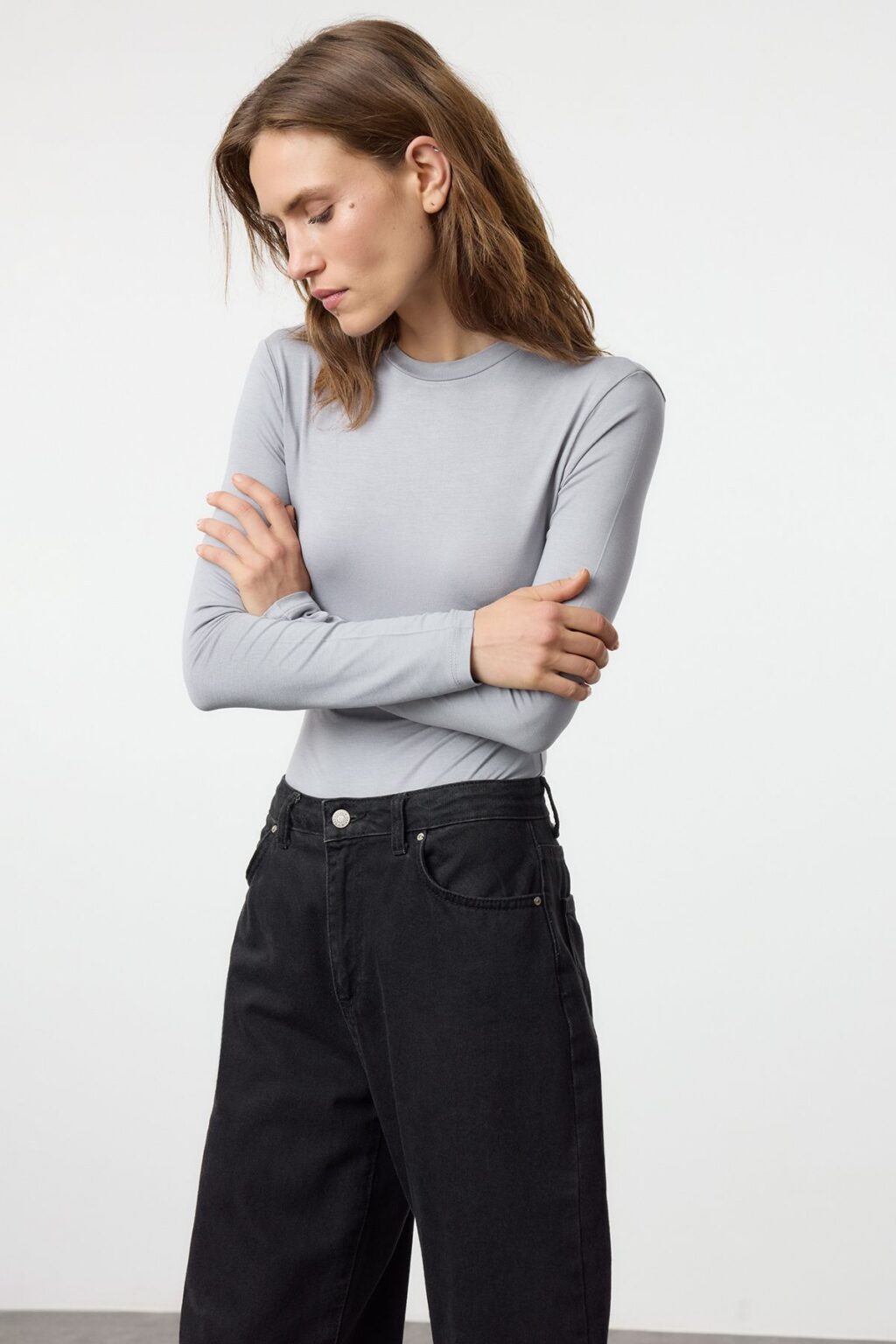 Trendyol Gray Crew Neck Slim/Fitting Knitted Bodysuit