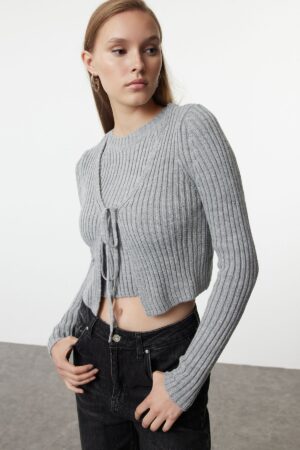 Trendyol Gray Crop Blouse-Cardigan Set Knitwear Cardigan