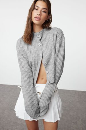Trendyol Gray Crop Soft Textured Stand Collar Knitwear Cardigan Trendyol Gray Crop Soft Textured Stand Collar Knitwear Cardigan