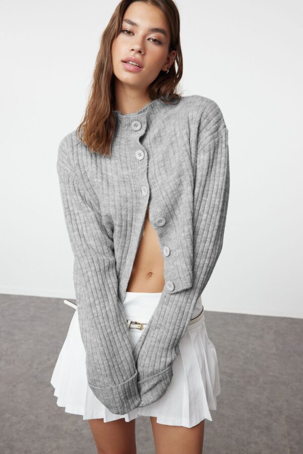 Trendyol Gray Crop Soft Textured Stand Collar Knitwear Cardigan