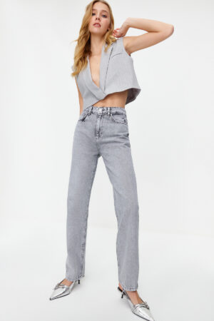 Trendyol Gray High Waist Long Straight Jeans
