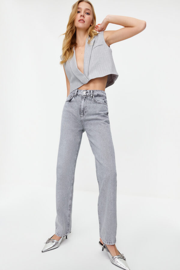 Trendyol Gray High Waist Long Straight Jeans
