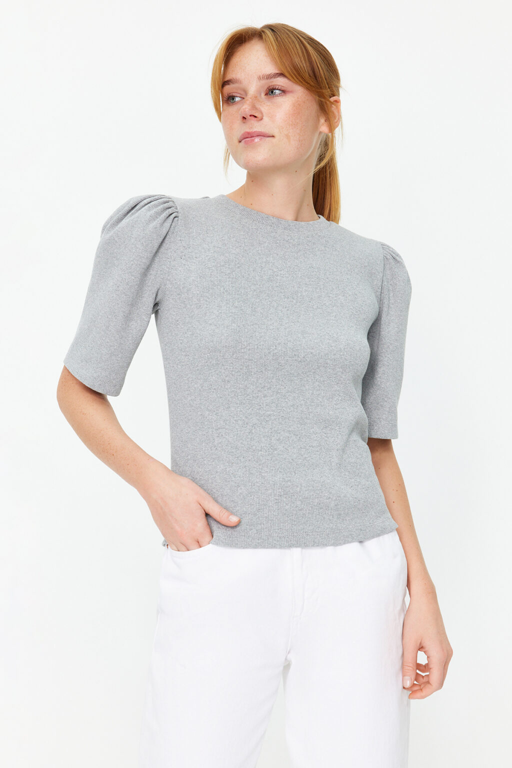 Trendyol Gray Melange Balloon Sleeve Crew Neck Ribbed Flexible Knitted Blouse