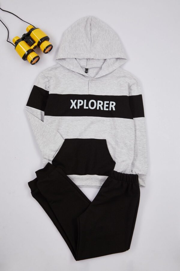Trendyol Gray Melange Boy's Slogan Printed Kangaroo Pocket Cotton Knitted Bottom-Top Set