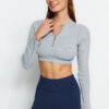 Trendyol Gray Melange Cotton Ribbed and Zipper Detailed Yoga Crop Knitted Sports Top/Blouse