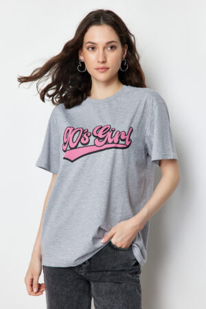 Trendyol Gray Melange Printed Oversize/Wide Fit Stand Collar Knitted T-Shirt Trendyol Gray Melange Printed Oversize/Wide Fit Stand Collar Knitted T-Shirt