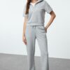 Trendyol Gray Melange Regular/Normal Pattern Zipper Collar Short Sleeve Knitted Sweatshirt