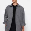 Trendyol Gray Men's Oversize Fit Shirt Collar Stamp Thick Winter Shirt Jacket