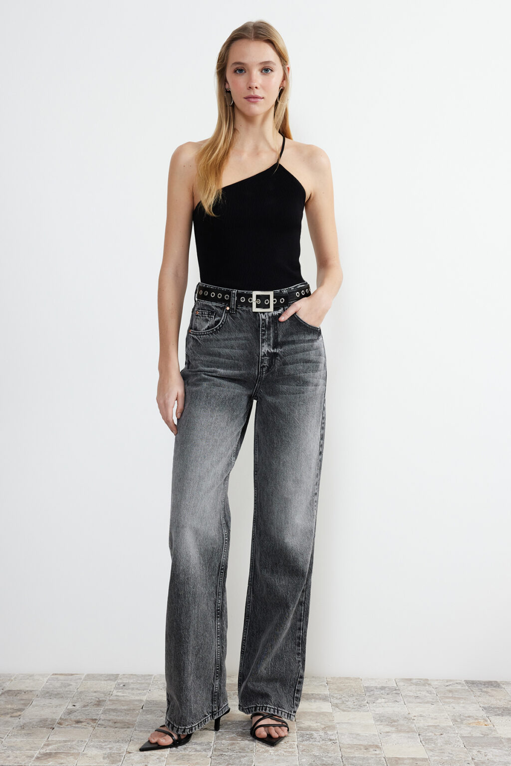 Trendyol Gray More Sustainable Faded Effect Vintage High Waist Wide Leg Jeans