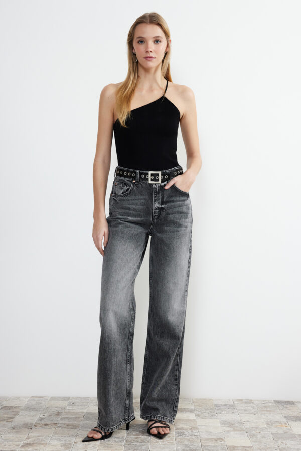 Trendyol Gray More Sustainable Faded Effect Vintage High Waist Wide Leg Jeans