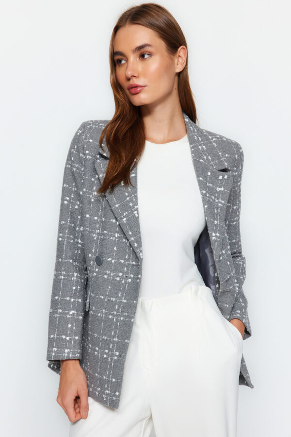 Trendyol Gray Oversize Woven Plaid Blazer Jacket