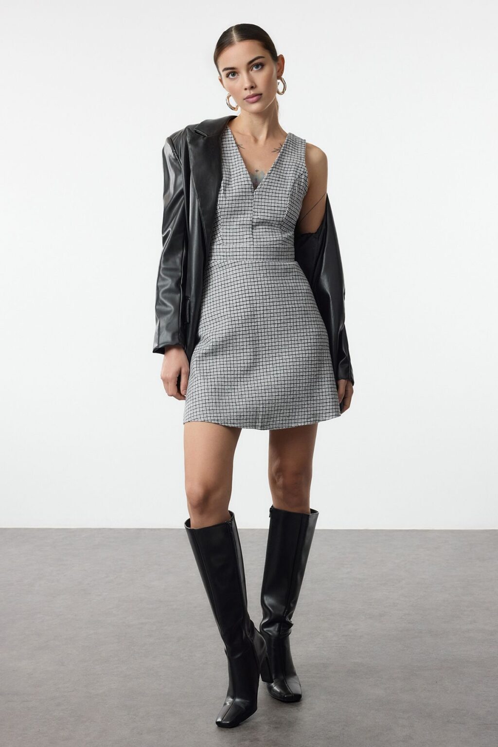 Trendyol Gray Plaid / Checkered Mini Woven Dress