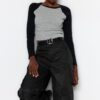 Trendyol Gray Raglan Sleeve Rib Fitted/Situated Crop Knitted T-Shirt