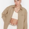 Trendyol Gray Single Pocket Boyfriend Wide Fit Cotton Woven Shirt