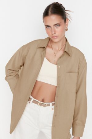 Trendyol Gray Single Pocket Boyfriend Wide Fit Cotton Woven Shirt