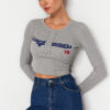 Trendyol Gray Slogan Printed Fitted/Situated Stretch Rib Crop Knitted Blouse