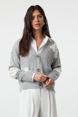 Trendyol Gray Soft Textured Cloud Patterned Knitwear Cardigan Trendyol Gray Soft Textured Cloud Patterned Knitwear Cardigan