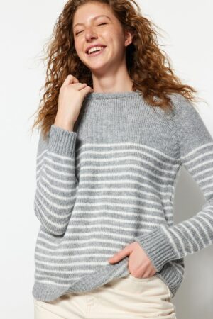 Trendyol Gray Soft Textured Striped Knitwear Sweater Trendyol Gray Soft Textured Striped Knitwear Sweater