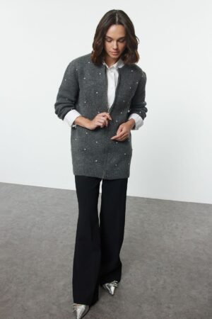 Trendyol Gray Stone Detailed Zippered Knitwear Cardigan Trendyol Gray Stone Detailed Zippered Knitwear Cardigan