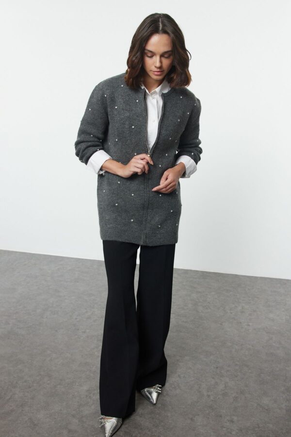 Trendyol Gray Stone Detailed Zippered Knitwear Cardigan
