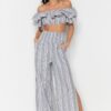 Trendyol Gray Striped Woven Frilly Blouse Trouser Suit