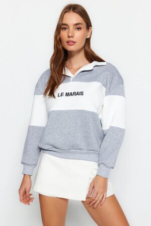 Trendyol Gray Thick Fleece Inside Regular/Normal Fit Embroidered Polo Neck Knitted Sweatshirt Trendyol Gray Thick Fleece Inside Regular/Normal Fit Embroidered Polo Neck Knitted Sweatshirt