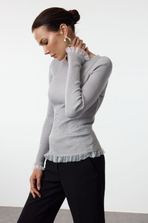 Trendyol Gray Tulle Detailed Thin Knit Sweater Trendyol Gray Tulle Detailed Thin Knit Sweater